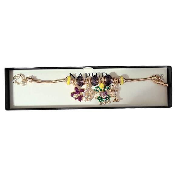 Napier Mardi Gras Charm Bracelet 7.5” Gold Tone Purple Yellow Beads Mask Trumpet - Picture 2 of 6